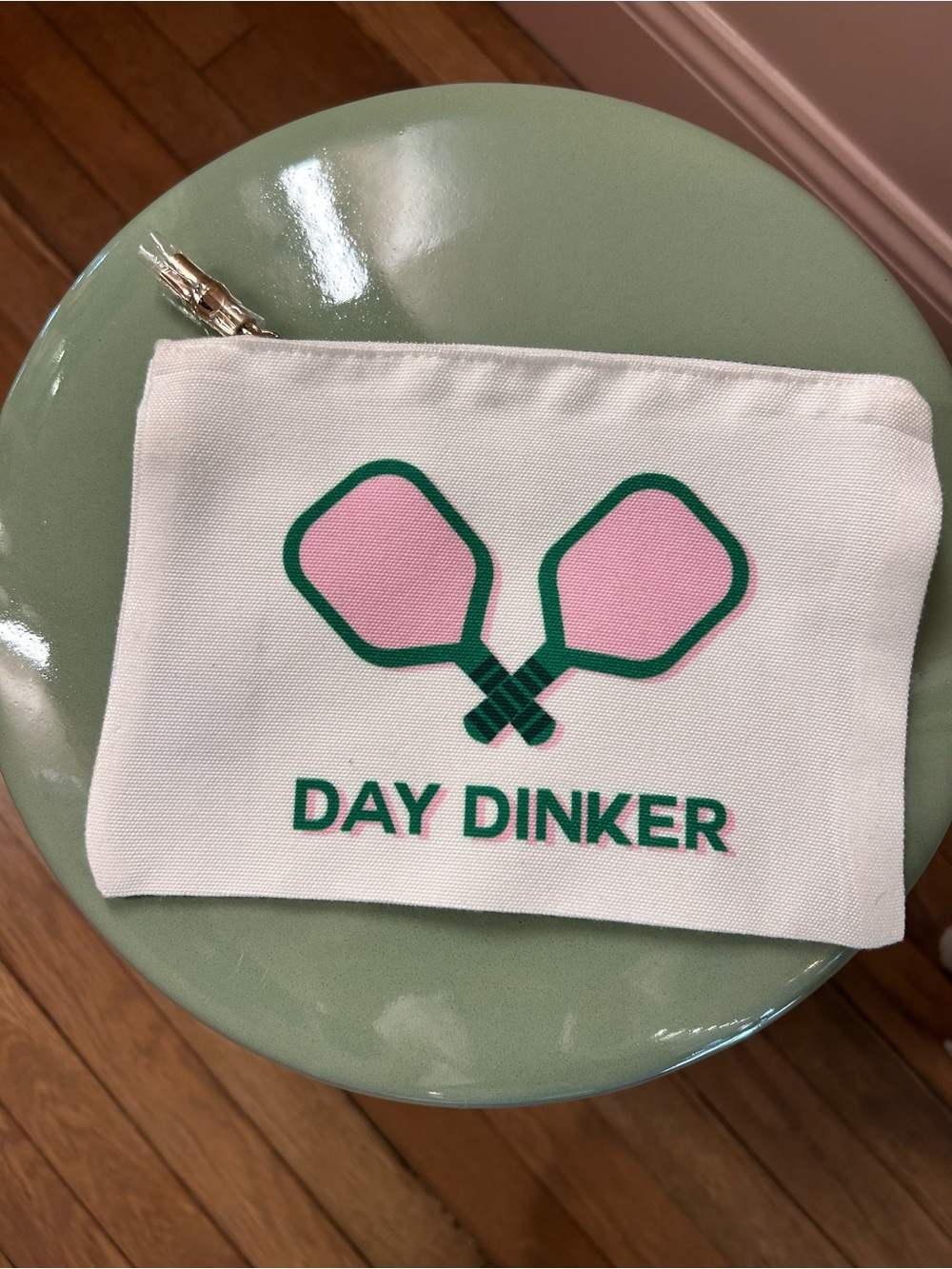 Day Dinker White Canvas Zipper Pouch with Pink & Green paddle -Toss Designs